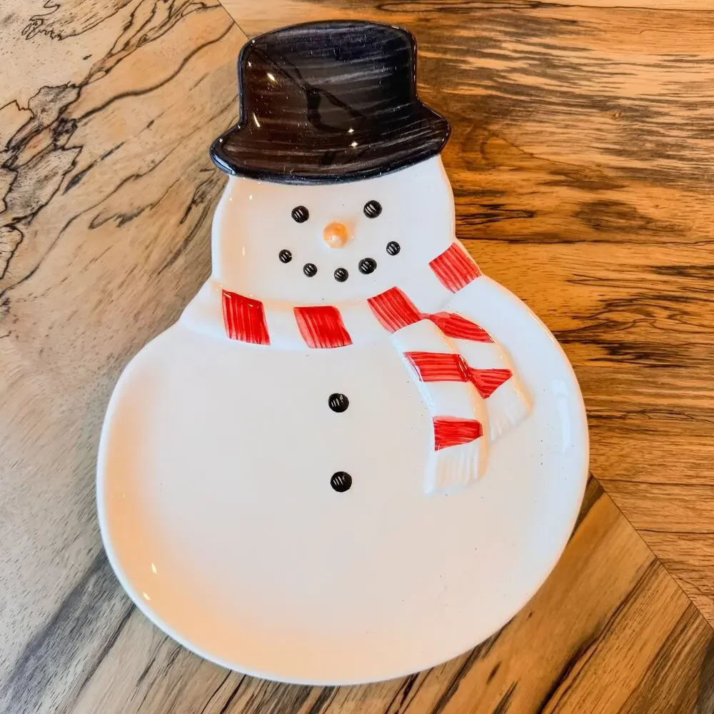 Williams Sonoma Holiday Snowman Dessert Plates Set of 2 Christmas Ceramic